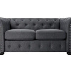 Ensemble canapé Chesterfield et causeuse 2 places capitonnés | Tissu lin | Accoudoirs roulés | Coloris beige/gris