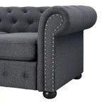 Ensemble canapé Chesterfield et causeuse 2 places capitonnés | Tissu lin | Accoudoirs roulés | Coloris beige/gris