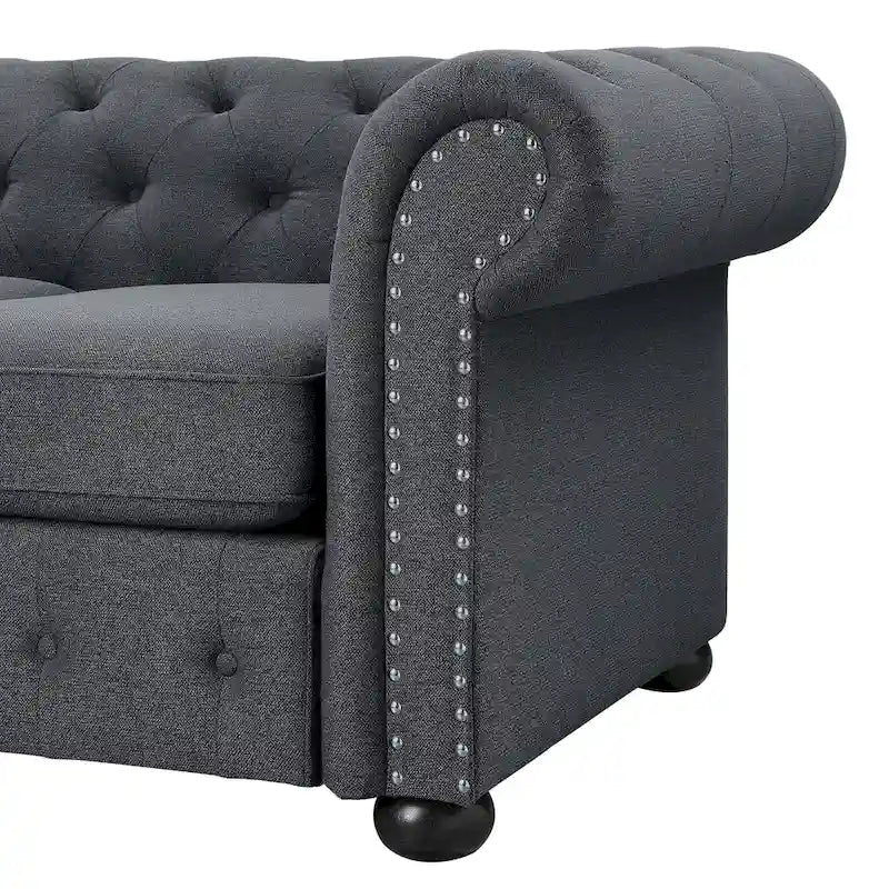 Ensemble canapé Chesterfield et causeuse 2 places capitonnés | Tissu lin | Accoudoirs roulés | Coloris beige/gris