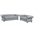 Ensemble canapé Chesterfield et causeuse 2 places capitonnés | Tissu lin | Accoudoirs roulés | Coloris beige/gris