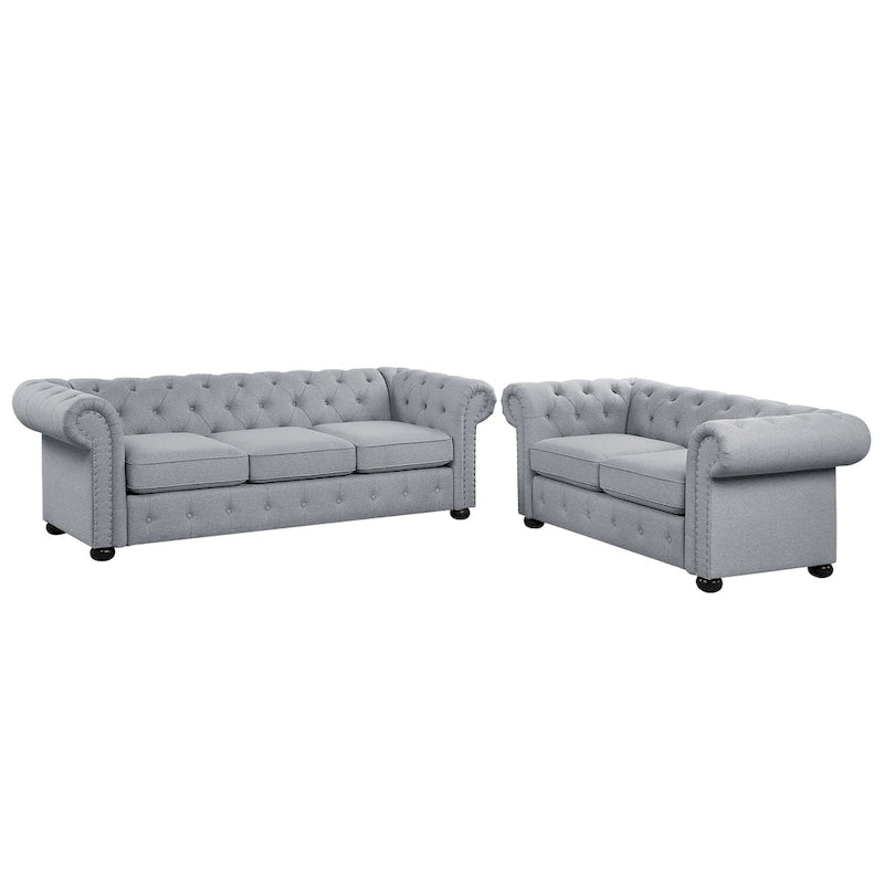 Ensemble canapé Chesterfield et causeuse 2 places capitonnés | Tissu lin | Accoudoirs roulés | Coloris beige/gris