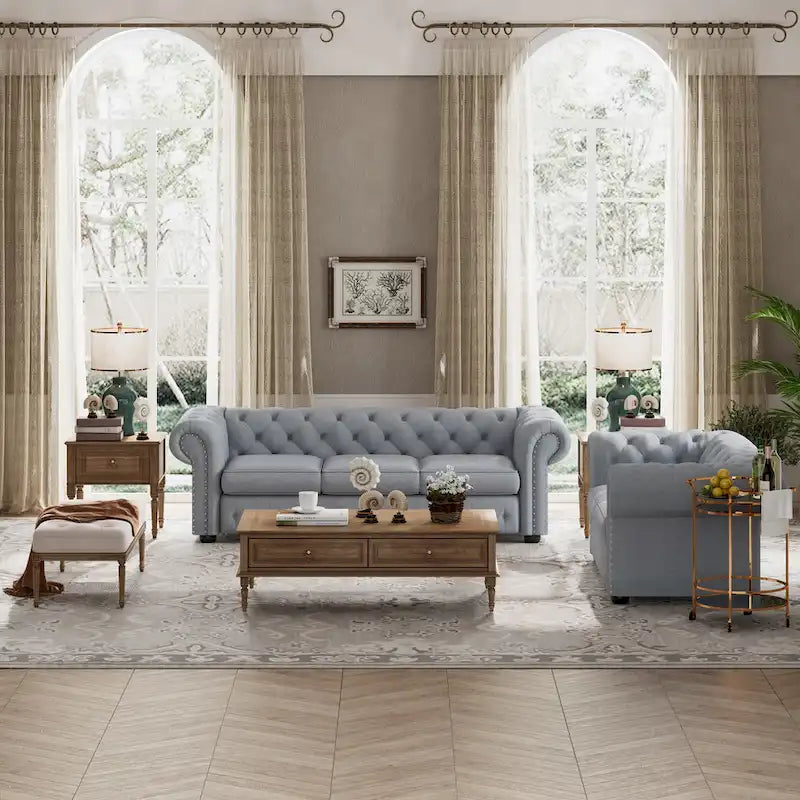 Ensemble canapé Chesterfield et causeuse 2 places capitonnés | Tissu lin | Accoudoirs roulés | Coloris beige/gris