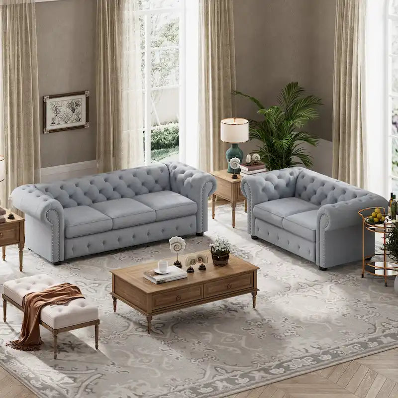 Ensemble canapé Chesterfield et causeuse 2 places capitonnés | Tissu lin | Accoudoirs roulés | Coloris beige/gris