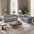 Ensemble canapé Chesterfield et causeuse 2 places capitonnés | Tissu lin | Accoudoirs roulés | Coloris beige/gris