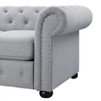 Ensemble canapé Chesterfield et causeuse 2 places capitonnés | Tissu lin | Accoudoirs roulés | Coloris beige/gris