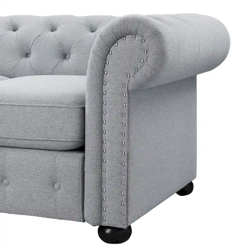 Ensemble canapé Chesterfield et causeuse 2 places capitonnés | Tissu lin | Accoudoirs roulés | Coloris beige/gris