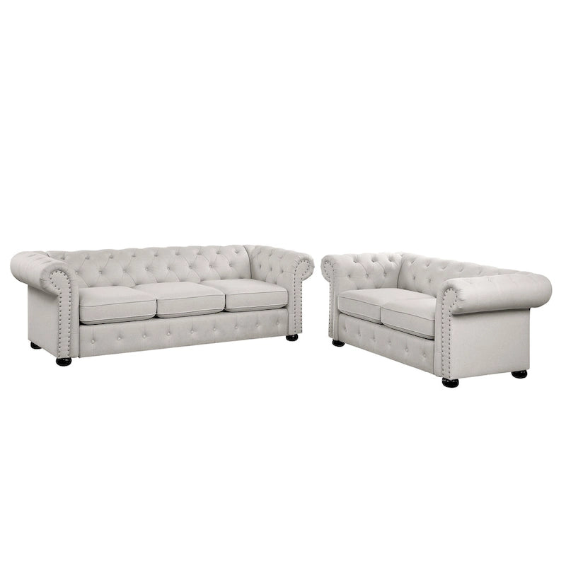Ensemble canapé Chesterfield et causeuse 2 places capitonnés | Tissu lin | Accoudoirs roulés | Coloris beige/gris
