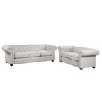 Ensemble canapé Chesterfield et causeuse 2 places capitonnés | Tissu lin | Accoudoirs roulés | Coloris beige/gris