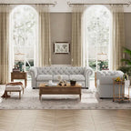 Ensemble canapé Chesterfield et causeuse 2 places capitonnés | Tissu lin | Accoudoirs roulés | Coloris beige/gris