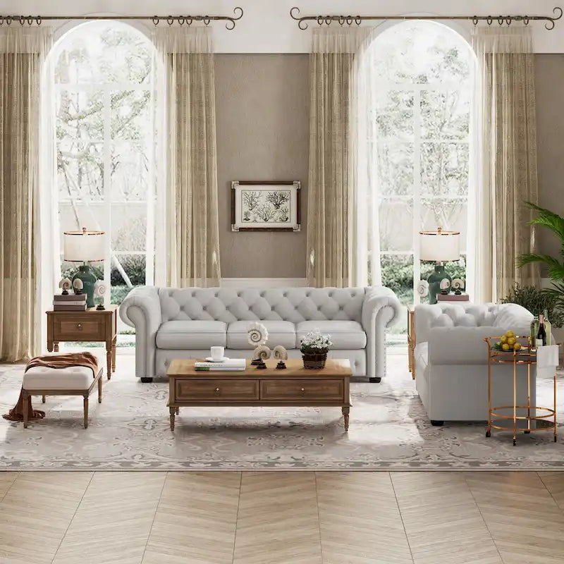 Ensemble canapé Chesterfield et causeuse 2 places capitonnés | Tissu lin | Accoudoirs roulés | Coloris beige/gris