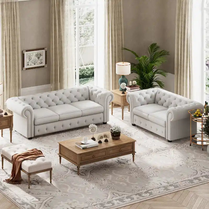 Ensemble canapé Chesterfield et causeuse 2 places capitonnés | Tissu lin | Accoudoirs roulés | Coloris beige/gris