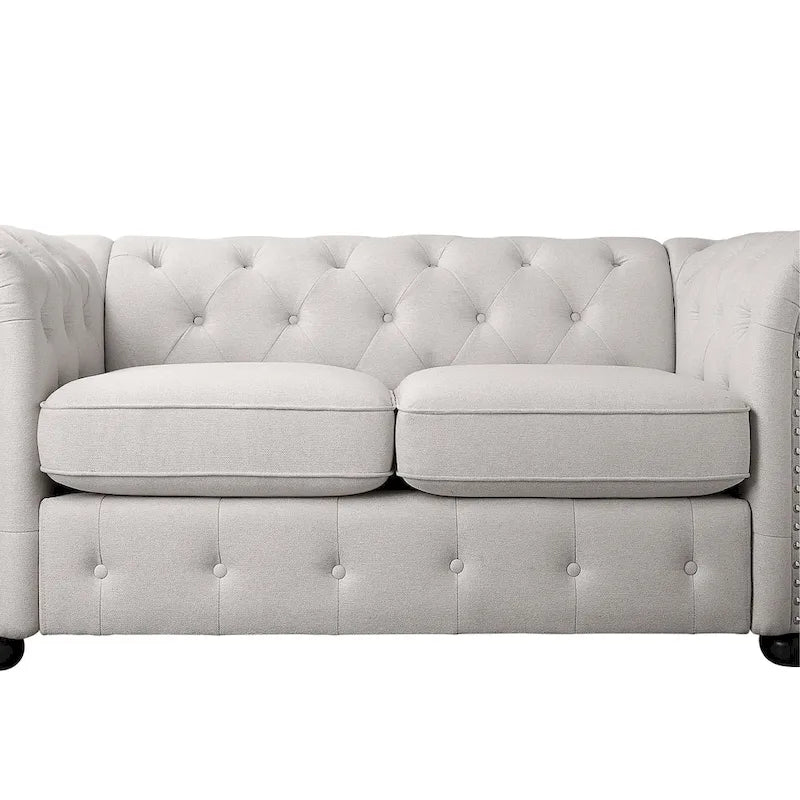 Ensemble canapé Chesterfield et causeuse 2 places capitonnés | Tissu lin | Accoudoirs roulés | Coloris beige/gris