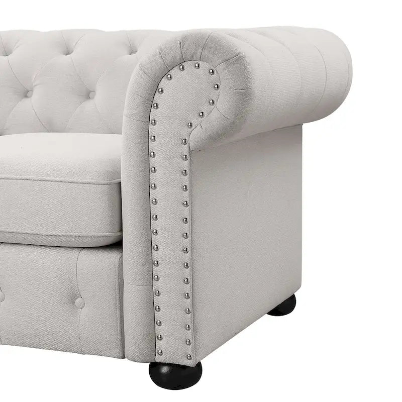 Ensemble canapé Chesterfield et causeuse 2 places capitonnés | Tissu lin | Accoudoirs roulés | Coloris beige/gris