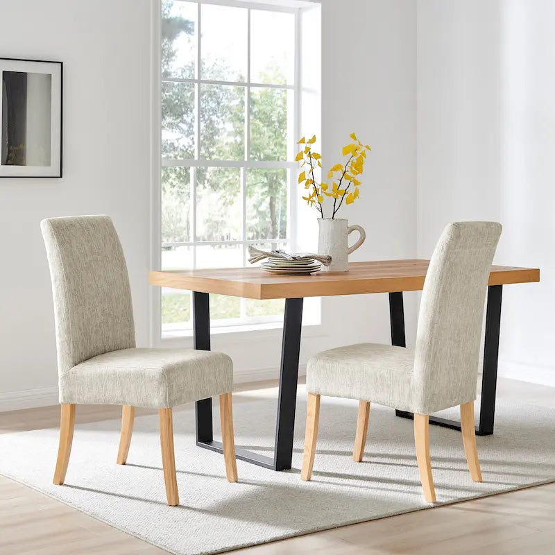 Lot de 2 chaises de salle à manger droites en tissu | Revêtement beige | Pieds évasés | Entièrement assemblées
