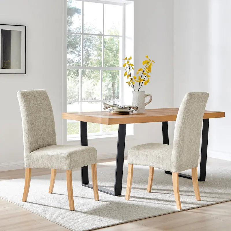 Lot de 2 chaises de salle à manger droites en tissu | Revêtement beige | Pieds évasés | Entièrement assemblées