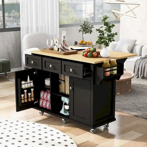 Îlot de cuisine de 53 po en bois d'hévéa à abattant sur 5 roulettes avec meuble de rangement et 3 tiroirs - 53