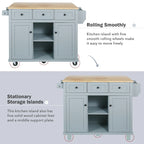Îlot de cuisine de 53 po en bois d'hévéa à abattant sur 5 roulettes avec meuble de rangement et 3 tiroirs - 53