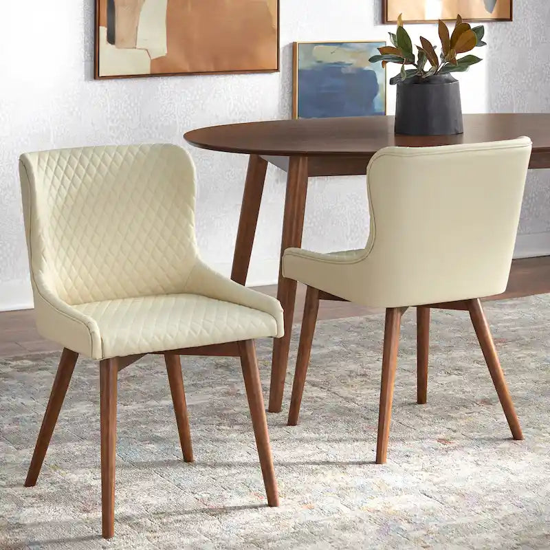 Chaises de salle à manger capitonnées à oreilles de style milieu de siècle, lot de 2 | Similicuir ou Lin | Pieds Noyer | H 82,5 cm