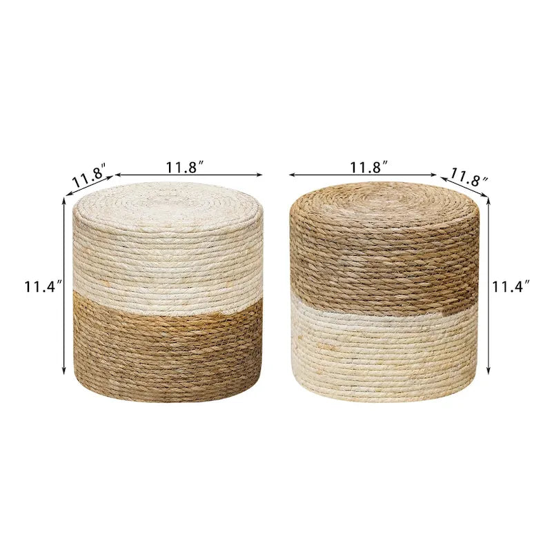 Pouf ottoman tressé main en massette naturelle, lot de 2 | Cadre en bois | 136 kg | 30 cm de diamètre | Polyvalent