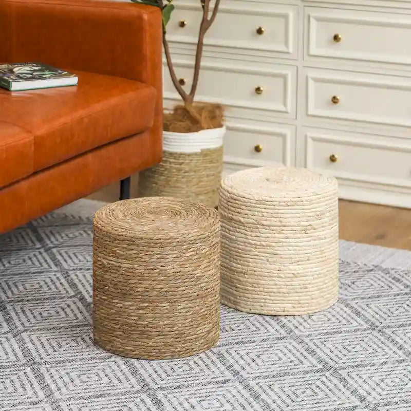 Pouf ottoman tressé main en massette naturelle, lot de 2 | Cadre en bois | 136 kg | 30 cm de diamètre | Polyvalent