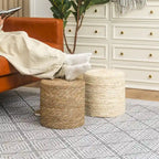 Pouf ottoman tressé main en massette naturelle, lot de 2 | Cadre en bois | 136 kg | 30 cm de diamètre | Polyvalent