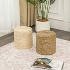 Pouf ottoman tressé main en massette naturelle, lot de 2 | Cadre en bois | 136 kg | 30 cm de diamètre | Polyvalent