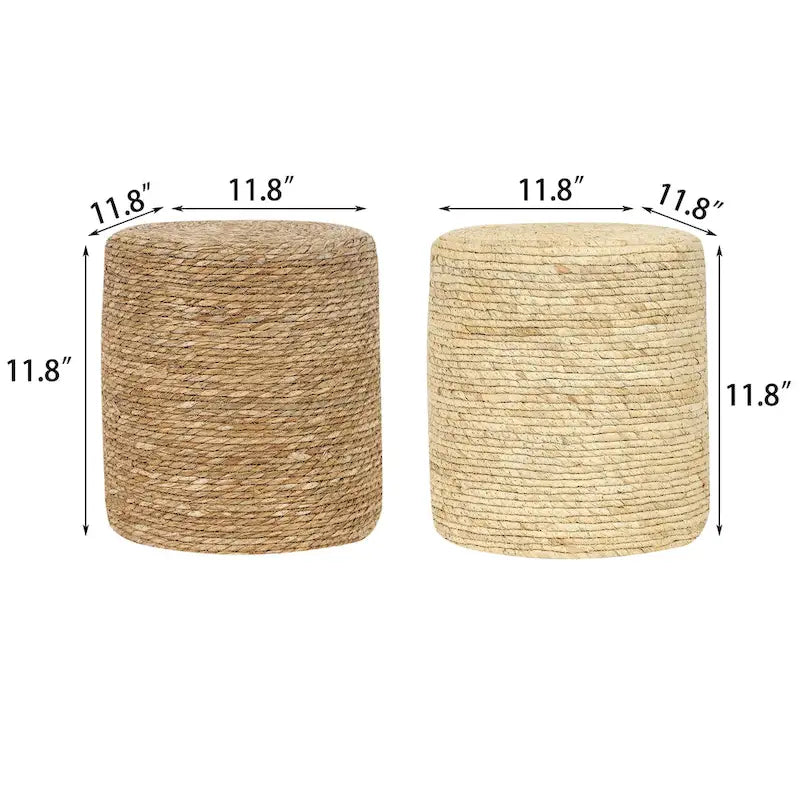 Pouf ottoman tressé main en massette naturelle, lot de 2 | Cadre en bois | 136 kg | 30 cm de diamètre | Polyvalent