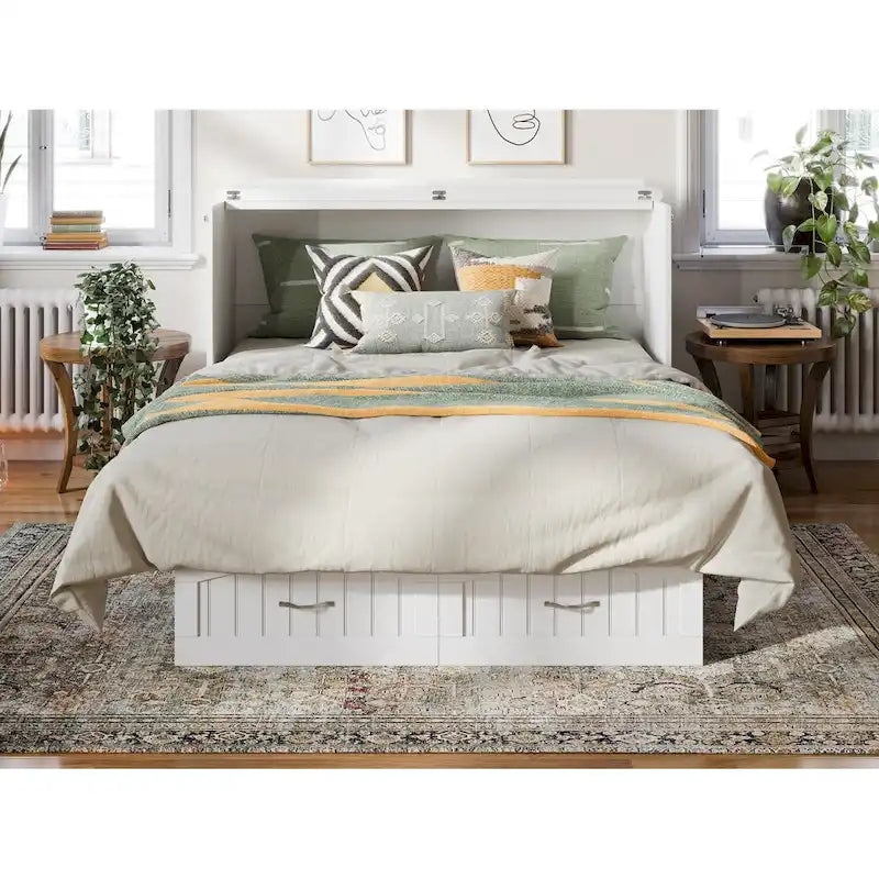 Lit coffre escamotable Queen avec matelas | Tiroir de rangement | Recharge intégrée | 360 kg | Rainure et languette