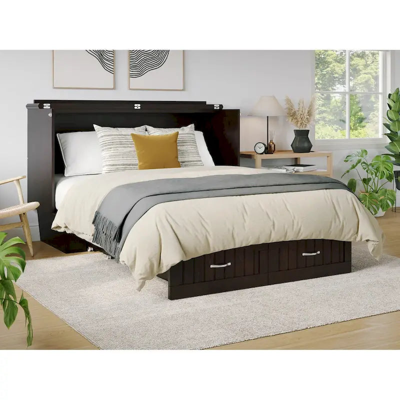 Lit coffre escamotable Queen avec matelas | Tiroir de rangement | Recharge intégrée | 360 kg | Rainure et languette