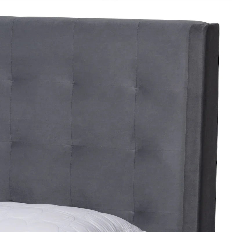Lit plateforme à dossier haut capitonné en velours | Pieds coniques | Lattes en bois | Gris/Marron foncé | Grand lit/Très grand lit