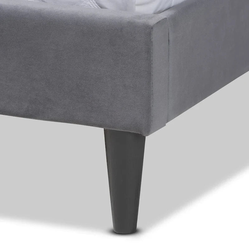 Lit plateforme à dossier haut capitonné en velours | Pieds coniques | Lattes en bois | Gris/Marron foncé | Grand lit/Très grand lit