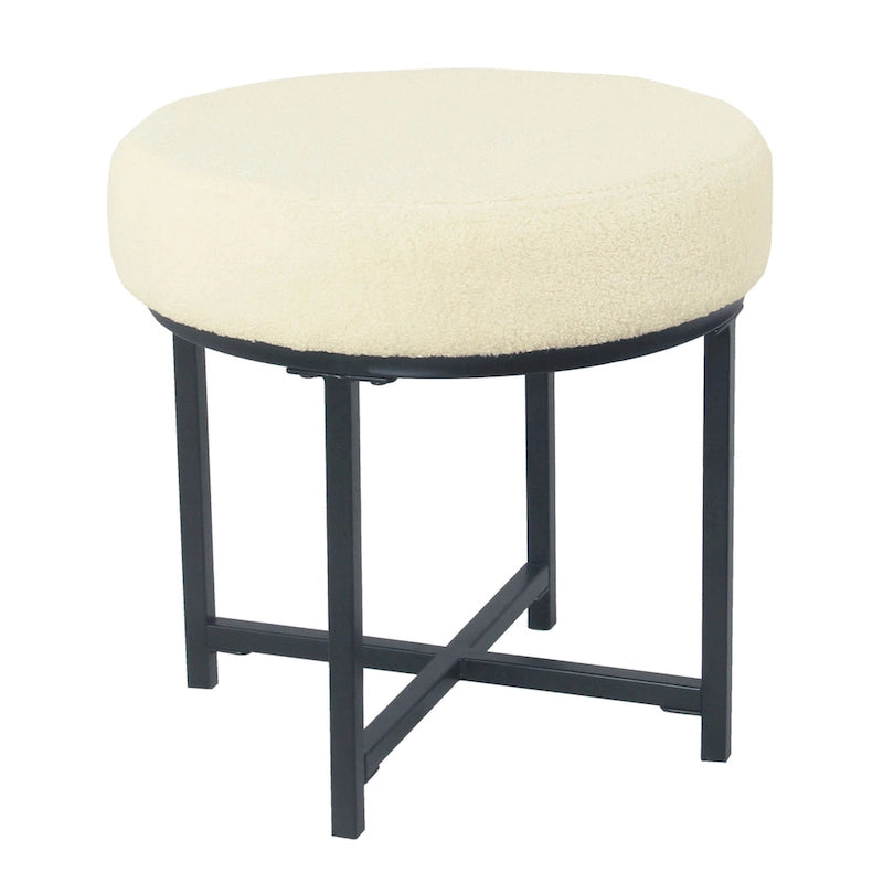Pouffe rond en fausse peau de mouton | Crème | Base en métal noir mat | Hauteur d'assise 45,7 cm | Nettoyage des taches