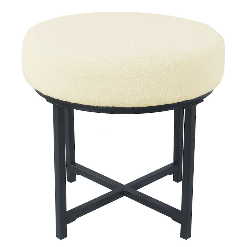 Pouffe rond en fausse peau de mouton | Crème | Base en métal noir mat | Hauteur d'assise 45,7 cm | Nettoyage des taches
