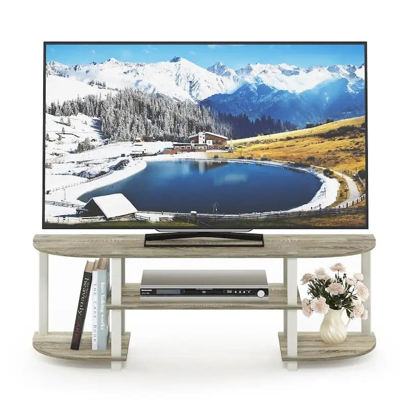 Meuble TV large | 3 étagères ouvertes | Conception d'angle | Assemblage sans outil | Chêne Sonoma/Blanc