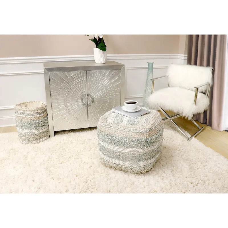 Pouf ottoman en coton tressé | 50 cm | Beige | Texture shaggy | Intérieur | Garantie 6 mois
