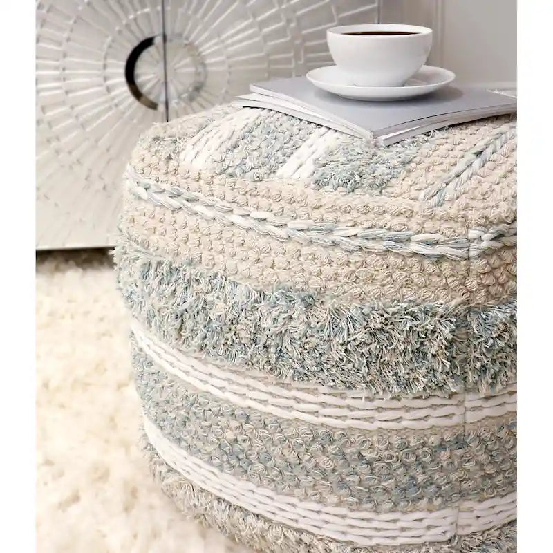 Pouf ottoman en coton tressé | 50 cm | Beige | Texture shaggy | Intérieur | Garantie 6 mois