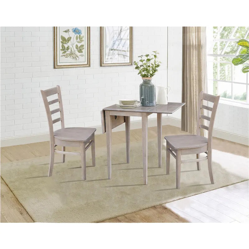 Ensemble de salle à manger 3 pièces avec abattants | Plateau en bois massif façon billot | Pieds Shaker | Gris-taupe délavé