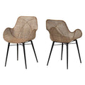 Lot de 2 chaises de salle à manger Bohème en rotin | Gris délavé et cadre en métal noir | Accoudoirs | Fabriqué à la main en Indonésie