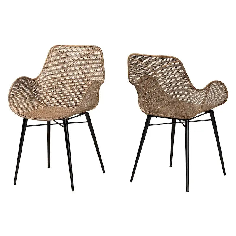 Lot de 2 chaises de salle à manger Bohème en rotin | Gris délavé et cadre en métal noir | Accoudoirs | Fabriqué à la main en Indonésie