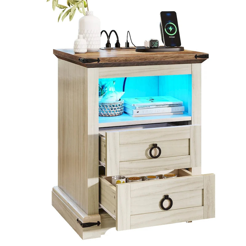Table de chevet 2 tiroirs à LED avec station de charge | Bande lumineuse RGB | 2 prises CA + 2 ports USB | MDF P2 | 45 cm l.