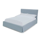 Lit capitonné plissé Sky Blue avec rangement | Mélange de lin | Rangement dissimulé dans le pied de lit | Grand lit/très grand lit