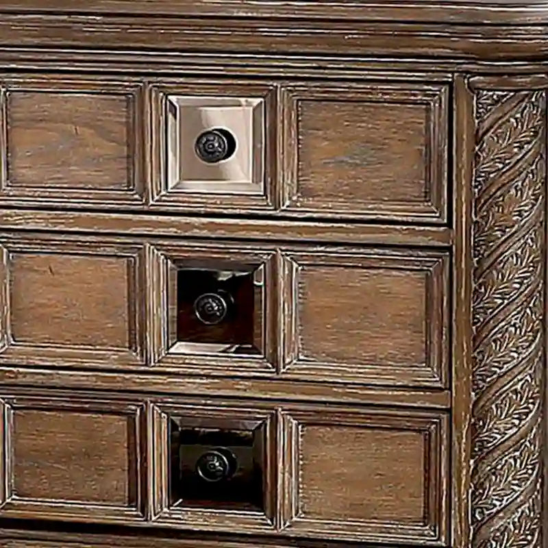 Table de chevet de 76 cm avec 3 tiroirs coulissants | Inserts miroirs | Détail corde sculpté | Marron rustique | Bois massif