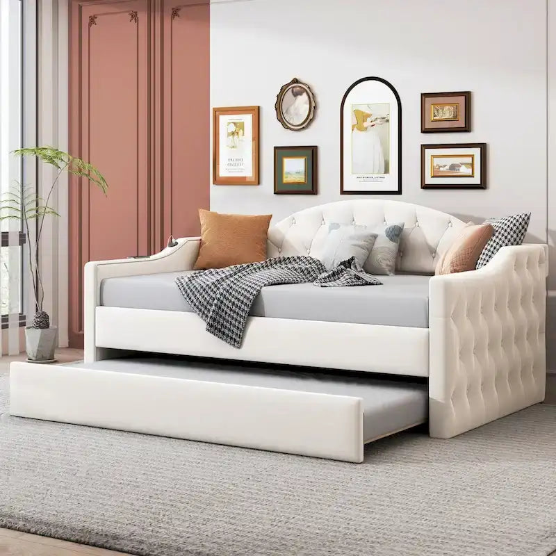Lit de repos en velours touffeté double avec lit gigogne | Chargement USB et Type-C | Cadre en MDF | Pas besoin de sommier tapissier