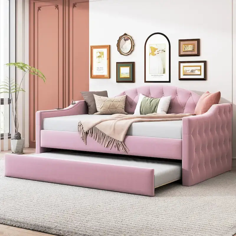Lit de repos en velours touffeté double avec lit gigogne | Chargement USB et Type-C | Cadre en MDF | Pas besoin de sommier tapissier