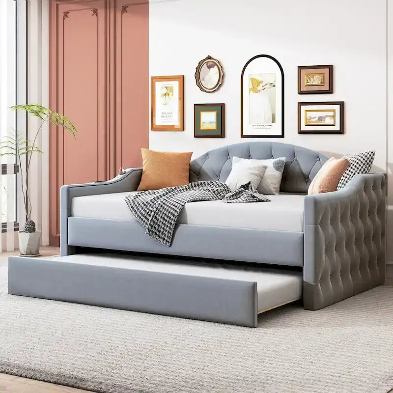Lit de repos en velours touffeté double avec lit gigogne | Chargement USB et Type-C | Cadre en MDF | Pas besoin de sommier tapissier