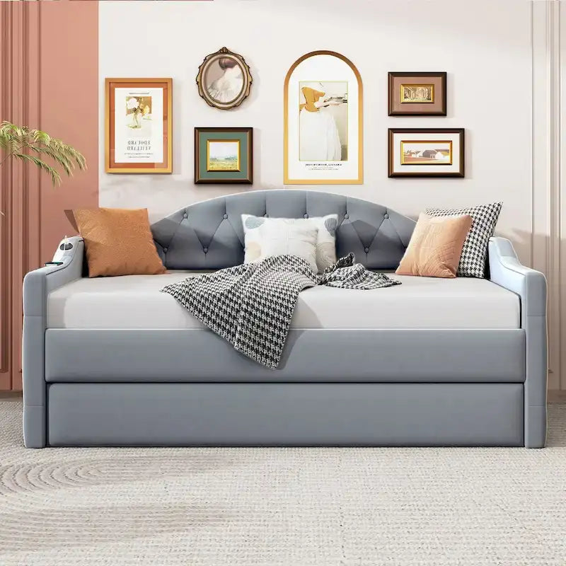 Lit de repos en velours touffeté double avec lit gigogne | Chargement USB et Type-C | Cadre en MDF | Pas besoin de sommier tapissier