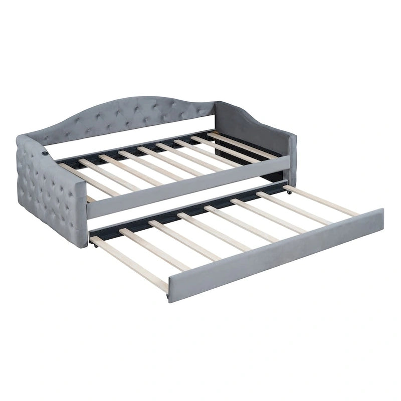 Lit de repos en velours touffeté double avec lit gigogne | Chargement USB et Type-C | Cadre en MDF | Pas besoin de sommier tapissier