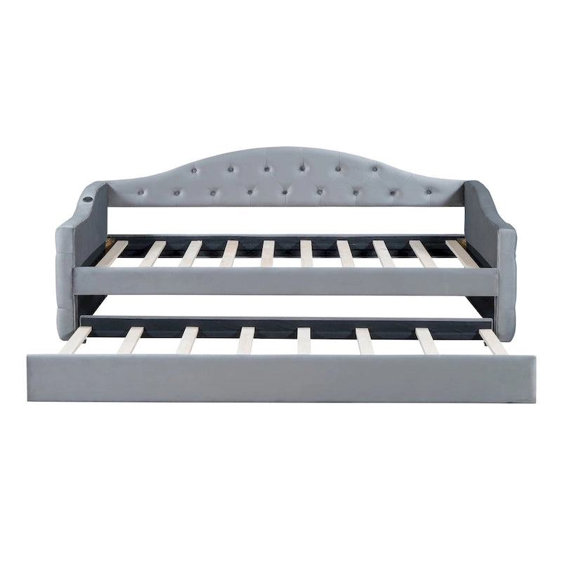Lit de repos en velours touffeté double avec lit gigogne | Chargement USB et Type-C | Cadre en MDF | Pas besoin de sommier tapissier