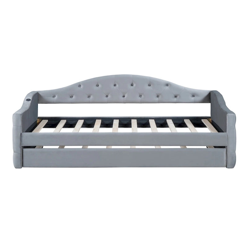 Lit de repos en velours touffeté double avec lit gigogne | Chargement USB et Type-C | Cadre en MDF | Pas besoin de sommier tapissier