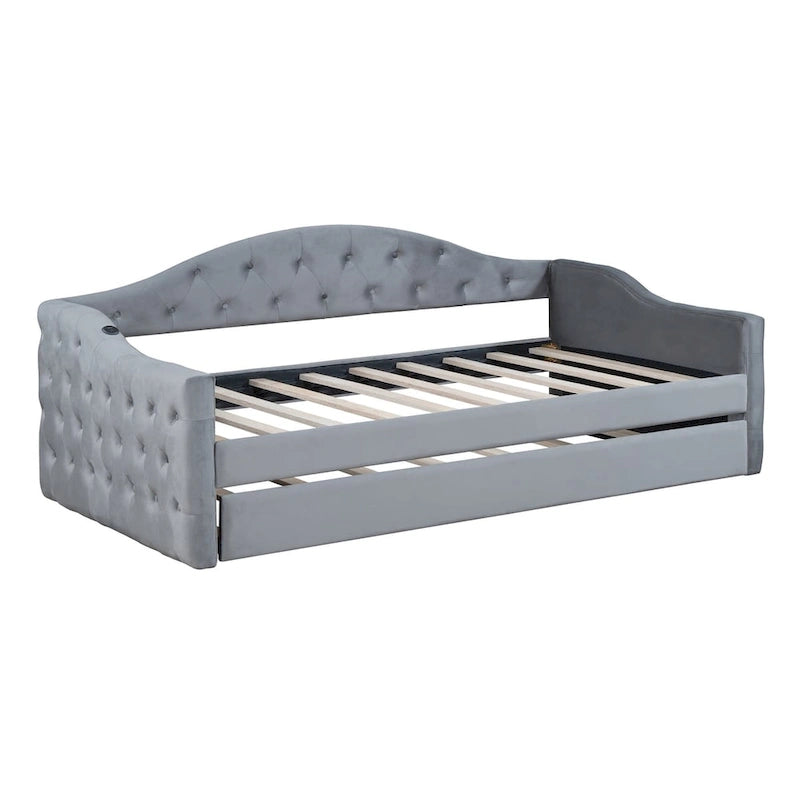 Lit de repos en velours touffeté double avec lit gigogne | Chargement USB et Type-C | Cadre en MDF | Pas besoin de sommier tapissier
